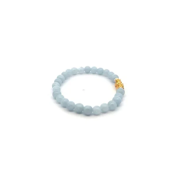 18K Gold Pixiu Piyao Lucky Charm Bracelet Natural Aquamarine Gemstones 6mm - Picture 4 of 5